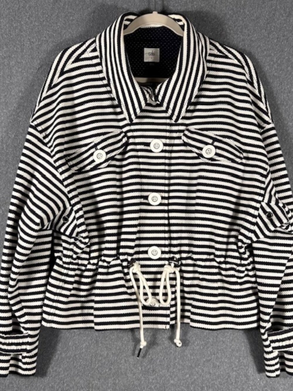 Cabi Harbour Jacket Womens Sz Large Navy White Striped Button Front Long Sleeve